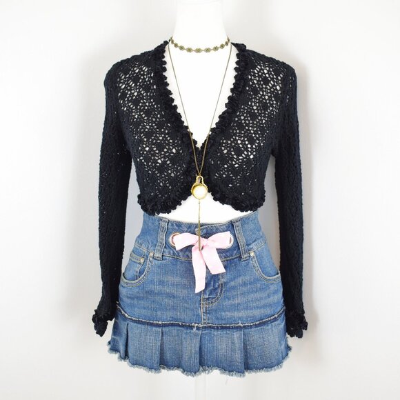 VTG 00s Y2K Express Black Knit Ruffle Velvet Trim 3/4 Sleeve Cropped Cardigan - Picture 1 of 8